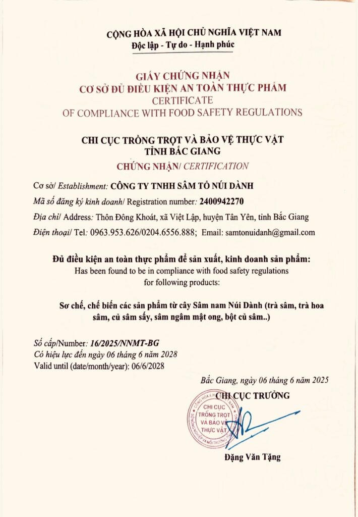 Chứng nhận ATTP Sâm Tổ Núi Dành