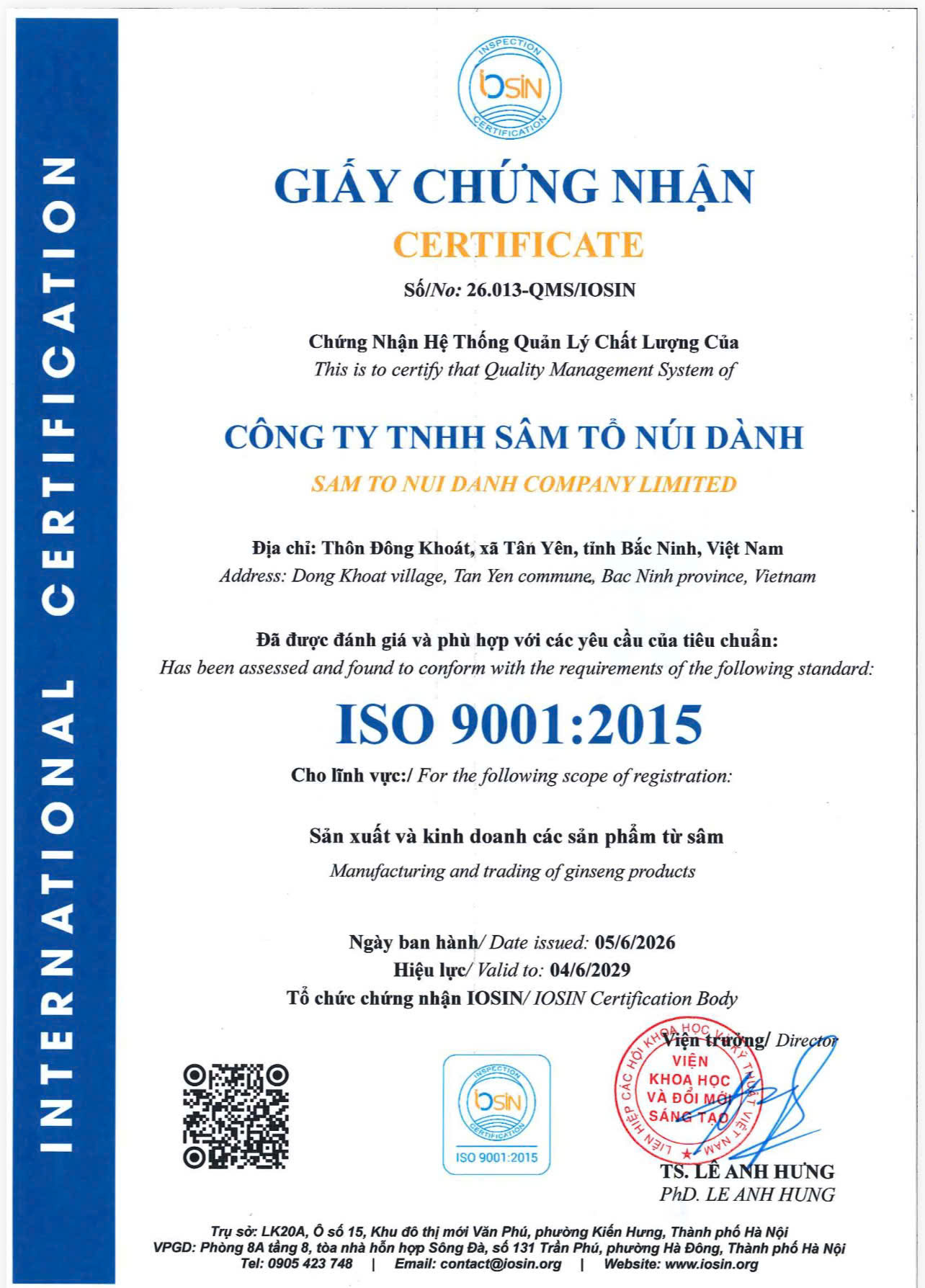 Sâm Tổ Núi Dành đạt chứng nhận Iso 9001-2015